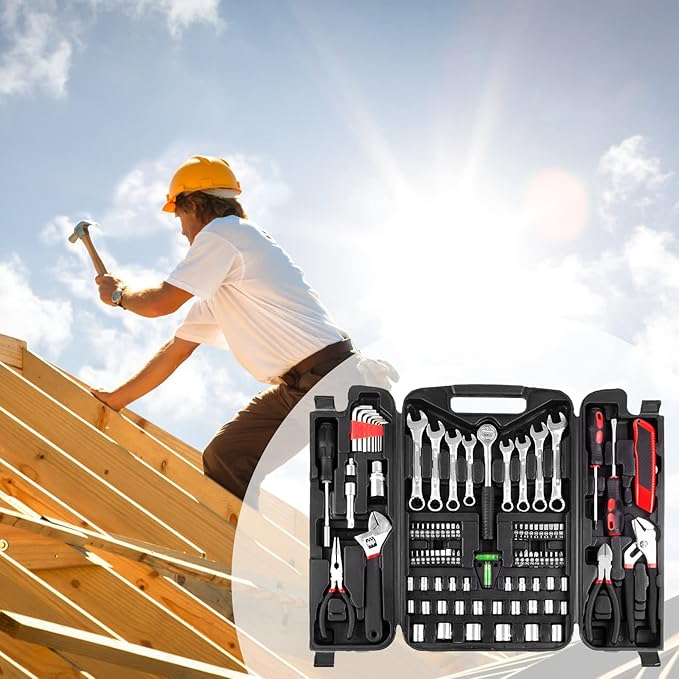 TLGREEN 95 Piece Tool Set, Tool Kit, Mechanics Tool Set, Portable Toolbox with Adjustable Wrench Pliers Socket Bits, with Pla