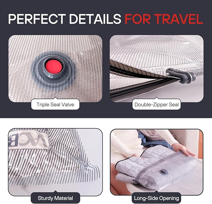 VMstr 12-Pack Vacuum Bags for Travel, Vacuum Seal Compression Bags for Clothing, Carry-On Luggage Space Saver Bags with Plug-