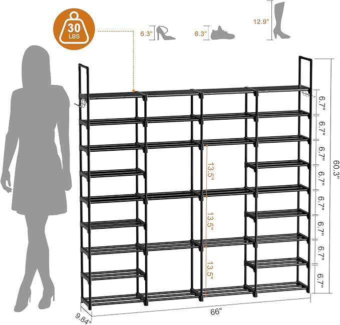 WOWLIVE 4 Row 9 Tiers Extra Large Shoe Rack 68-72 Pairs Big Tall Metal Shoe Shelf, Heavy Duty Organizer for Closet Entryway, 