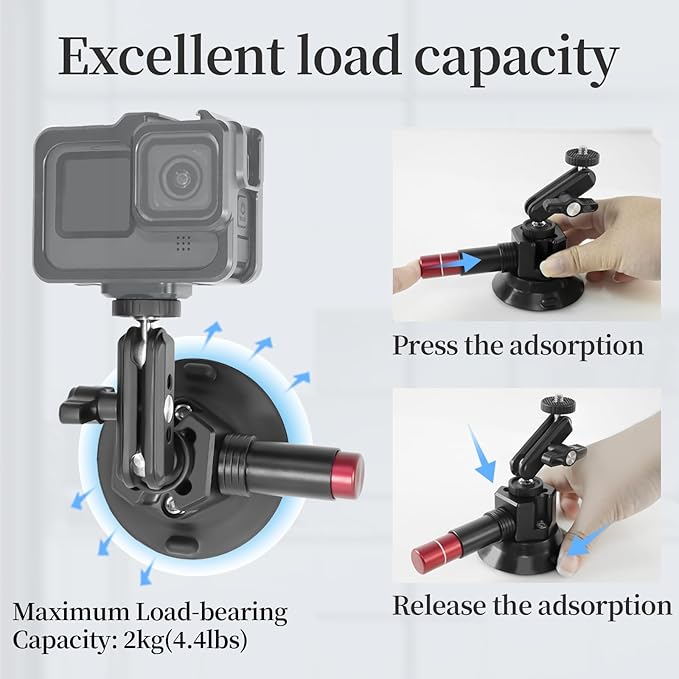 CNC Machined 3in Camera Suction Cup Mount with Adjustable Magic Arm, 1/4" ARRI Holes Quick Release Car Mount with Phone Holder & Action Camera Adapter Compatible with DJI OSMO Pocket 3 Insta360 iPhone