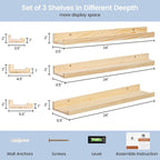 Picture Ledge Shelf for Wall, 24 inches Solid Pine Wood Nursery Book Shelves 3 Packs, Floating Ledge Shelves for Kids' Room B