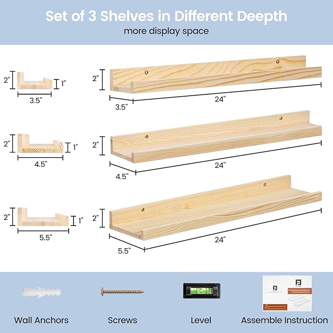 Picture Ledge Shelf for Wall, 24 inches Solid Pine Wood Nursery Book Shelves 3 Packs, Floating Ledge Shelves for Kids' Room B