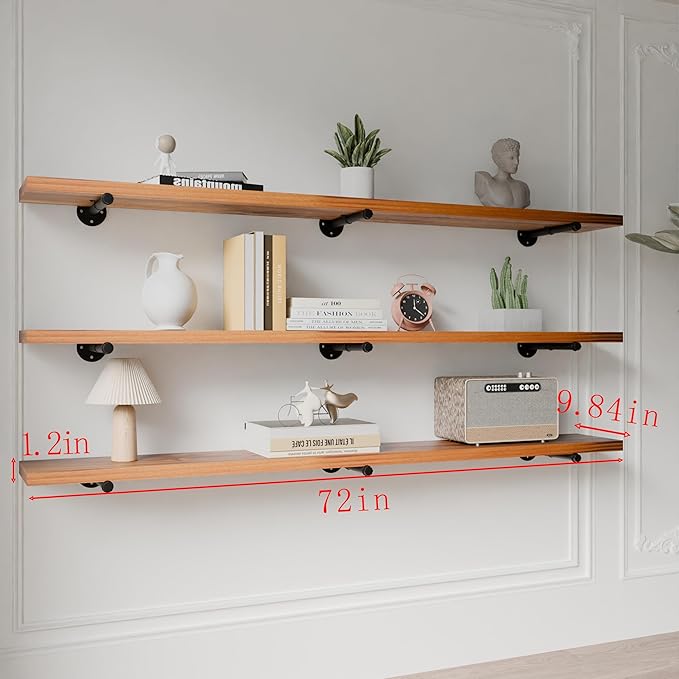 Industrial Pipe Wall Wood Shelves,Real Wooden Shelves 72" in Special Brown Color with 1.2" Extra Thickness, Modern Floating S