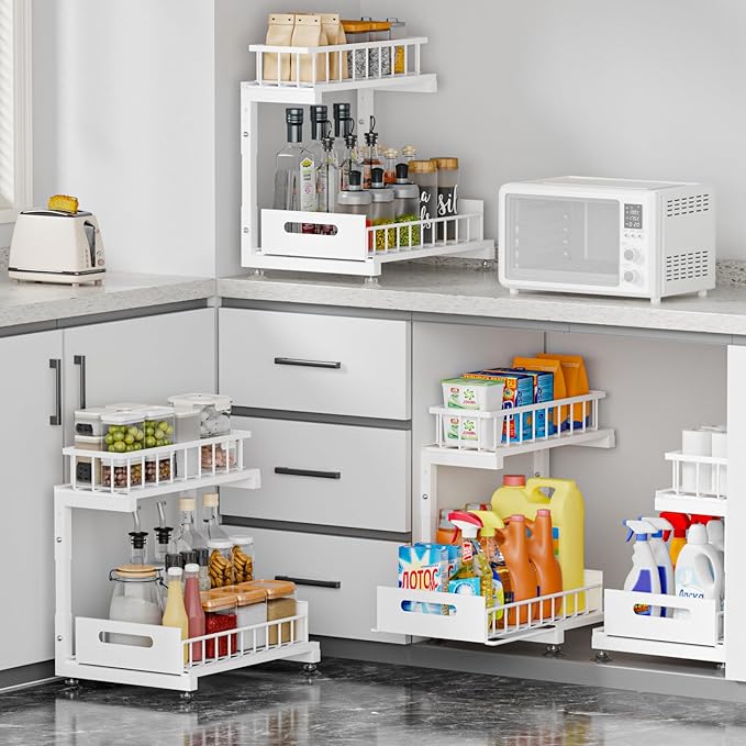 Under Sink Organizer, 2-Tier Premium Metal Pull-Out Racks with Adjustable Height, Heavy Duty Sliding Bin for Bathroom and Kit