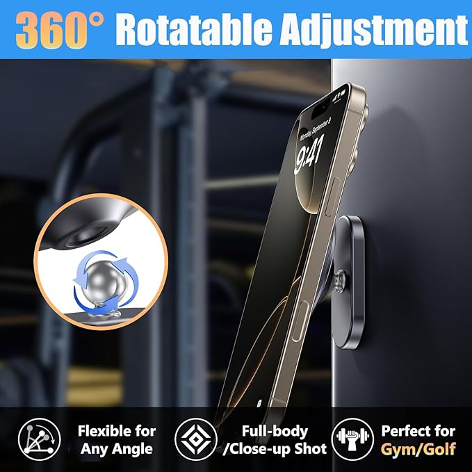 Magnetic Phone Holder for Gym:【Strong Magnets】 Gym Golf Accessories Essentials for Men/Women, Dual Magnetic Phone Mount with Alloy Base Stand for Magsafe iPhone 12-17 Series ＆ Android