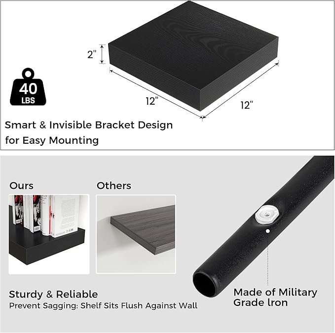 Square Floating Shelves for Wall, 12" W x 12" D x 2" H, 2 Pack of Small Wall Mounted Engineered Wood Shelves with Invisible B
