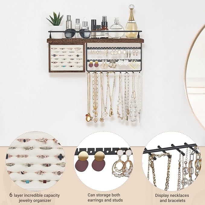 Mkono Hanging Jewelry Organizer Wall Mounted Jewelry Organizer Necklace Holder with Rustic Wood Shelf, Ring Display Box, Ear 