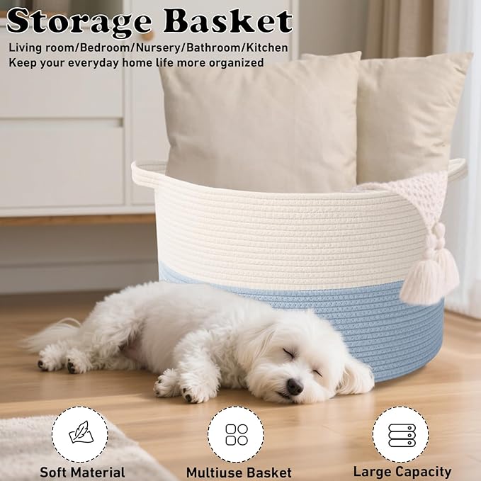 115L Extra Large Woven Cotton Rope Blanket Basket with Handles, Laundry Hamper Storage Bin for Pillows, Comforters,Clothes, T