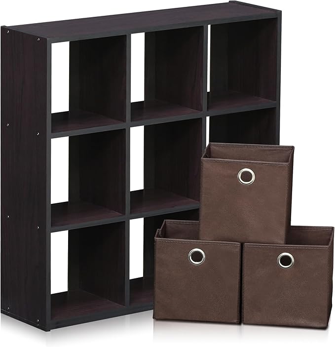 Furinno Simplistic 9-Cube Organizer with Bins, Small Size (Assembled Unit Dimensions : 7.9"D x 26.5"W x 26.7"H Inches), Dark 