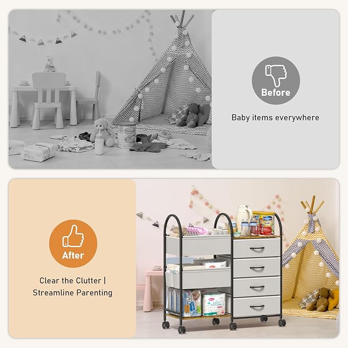 Baby Diaper Caddy Organizer Cart with Wheels, 4-Tier Rolling Diaper Cart with Dividers and Drawers, Multi-Layer Nursery Stora
