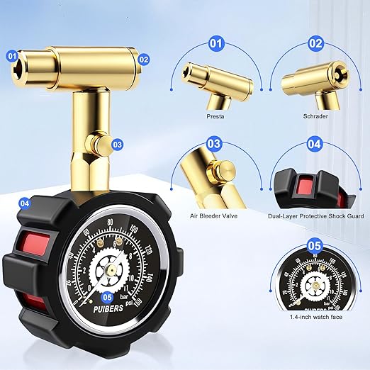 Bike Tire Pressure Gauge Presta and Schrader 160 PSI / 11 Bar, Road Bicycle Tire Air Pressure Gauge Luminous Dial, Suitable for Car, Motorcycle, Bike, SUV and Truck