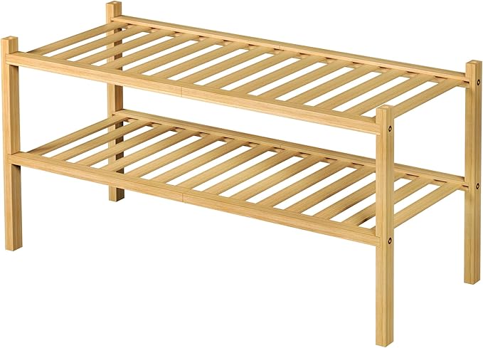 ROMGUAR CRAFT 2 Tier Bamboo Shoe Rack for Closet Free Standing Wood Shoe Shelf for Entryway Small Space Stackable 27"x11"x13"
