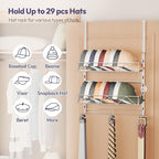 SWTYMIKI Over Door Hat Organizer - 3 Tier Wall Mounted Hat Rack with 2 Adjustable Metal Basket and 3 Hooks, Hanging Baseball 
