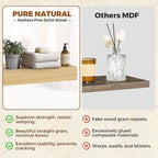 Floating Wall Shelf 16x6.8x1.7 Inch – Solid Wood Shelf in Natural Wood Finish – Wall Mounted Rustic Display Organizer for Bat