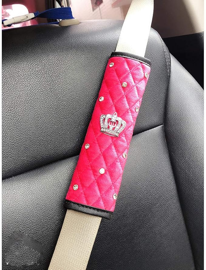 2 Pcs Plush Car Seat Belt Cover Shoulder Pad with Rhinestone Crown - Pink