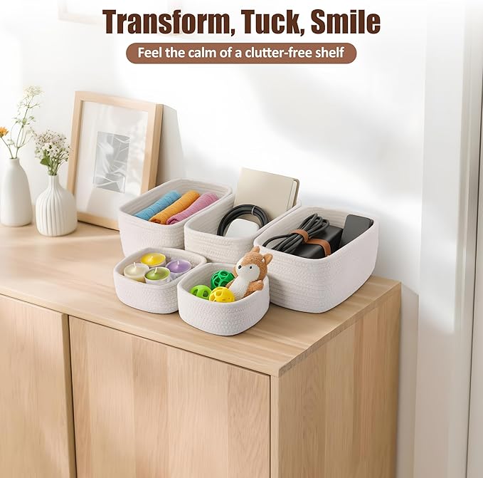 5-Pack Small Woven Rope Storage Baskets – 2 Sizes Organizer Bins for Closet, Shelf, Bookshelf, Nursery, Changing Table, Fabri