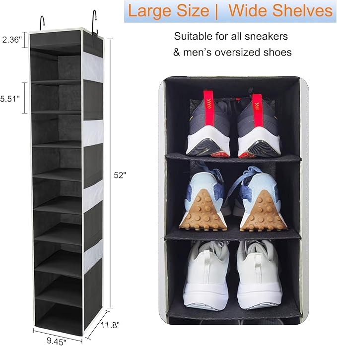 Large-Sized Hanging Shoe Organizer 10-Shelf, Sturdy Hanging Closet Organizer with 8 Side Pockets, Wider Hanging Shelves for S