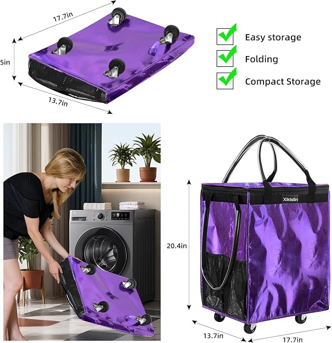 (Medium, Purple) Reusable Grocery Bag on 4 Wheels, Foldable Rolling Tote Carries Up to 66lb Shopping Trolley, Rolling Bag with 3 Handles, Zipper Clouser Rolling Tote Bag with Wheels for Laundry