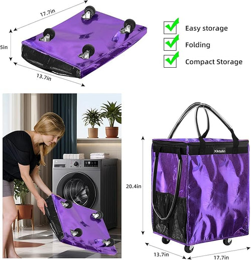 (Medium, Purple) Reusable Grocery Bag on 4 Wheels, Foldable Rolling Tote Carries Up to 66lb Shopping Trolley, Rolling Bag with 3 Handles, Zipper Clouser Rolling Tote Bag with Wheels for Laundry