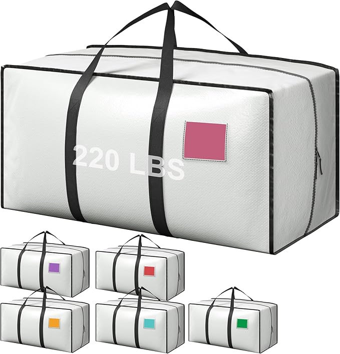 6 Pack Moving Bags with Full-Open Side Zipper, Extra Large 93L Heavy Duty Waterproof Foldable Storage Totes for College Dorm,
