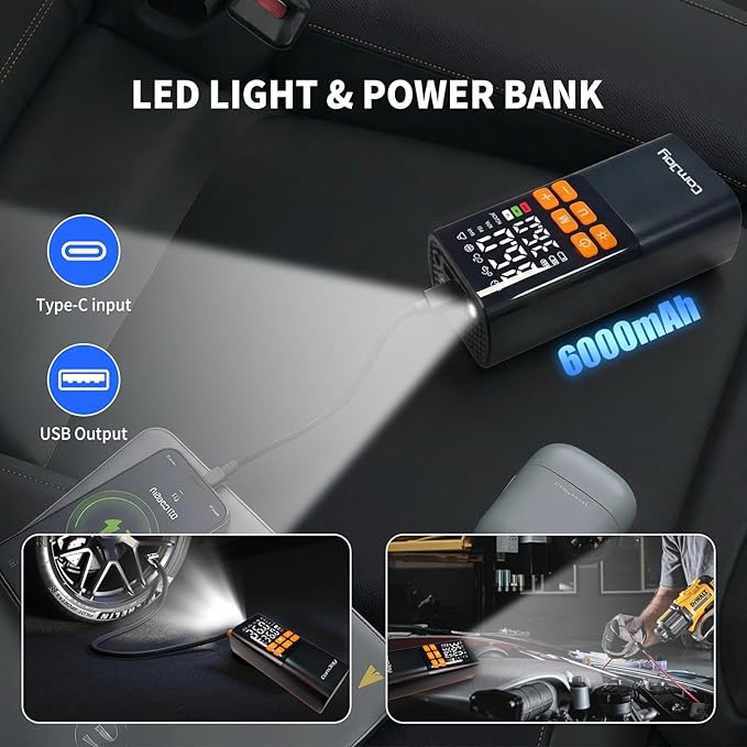 Faster Tire Inflator Portable Air Compressor, 150PSI Cordless Air Pump for Car Tires - 6000mAh & 12V DC, Rechargeable Smart Tire Pump with Digital Gauge &LED Light, Auto Shut-Off for Bike, Motor, Ball