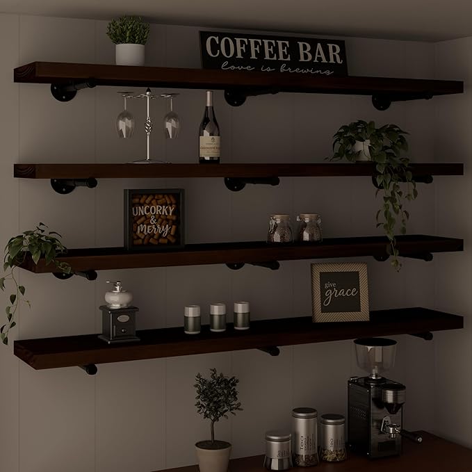 Industrial Pipe Wall Wood Shelves,Real Wooden Shelves 60" in Walnut Color with 11.8" Extra Width, Modern Floating Shevles Boo