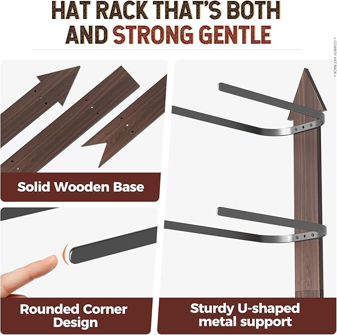 Cowboy Hat Rack for Wall, Cowboy Hat Holder Wall Mount Holds up to 6 Hats, Wooden Western Rustic Metal Hat-Organizer with Arr