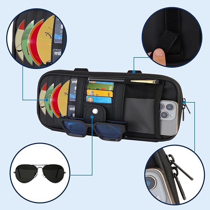 Car Sun Visor Organizer with Extendable Sunshade,Upgraded Version Multi-Pocket Visor Organizer Storage for Car/SUV/Truck with 13CD Holders,Sunglass Clip, Card Holder,Visor Accessories