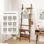 ELYKEN Blanket Ladder, 5-Tier Farmhouse Wooden Rack with Synthetic Leather Pocket, 4 Removable Hooks, Decorative Leaning Ladd