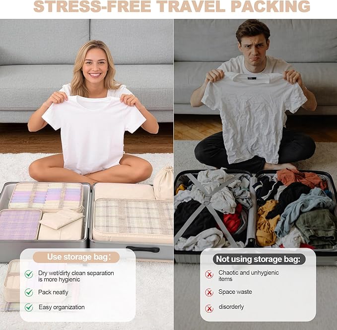 8 Set Packing Cubes for Travel,Suitcase Organizer Bags for Luggage with Shoe & Hanging Toiletry Bag, Vacation Essentials & Ac