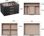 pickpiff Jewelry Box Organizer Case for Women: 3-Layer Jewelry Storage Case with Glass Window, Black Leather with Blush Velve