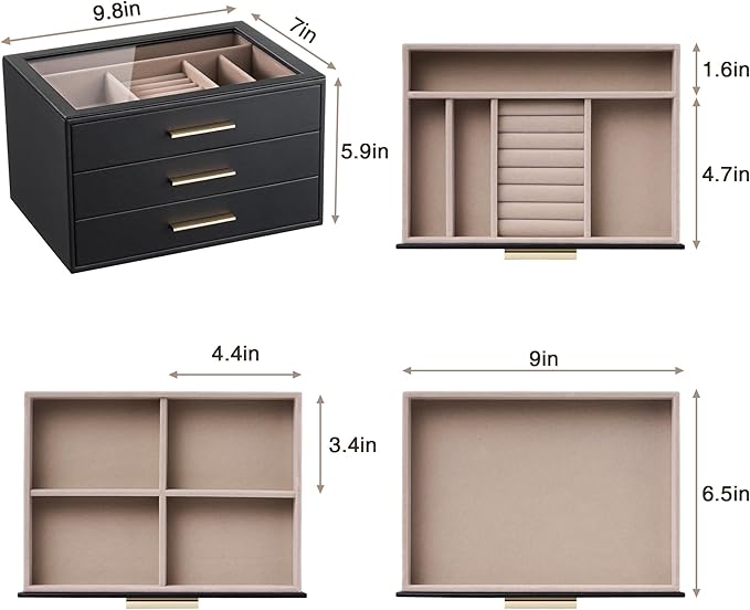 pickpiff Jewelry Box Organizer Case for Women: 3-Layer Jewelry Storage Case with Glass Window, Black Leather with Blush Velve