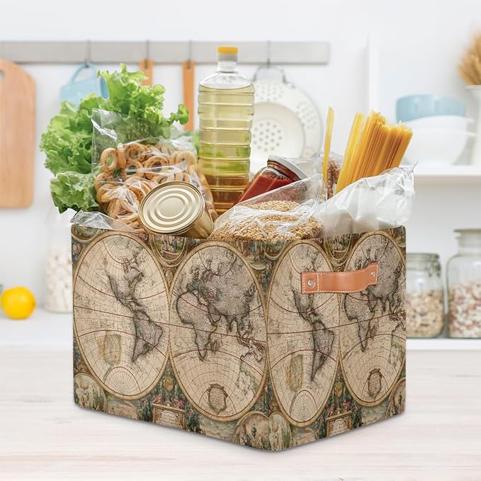 Globe Travel World Map Storage Basket Collapsible Cloth Storage Cube Basket Bins Organizer with Handles Rectangular Large Toy