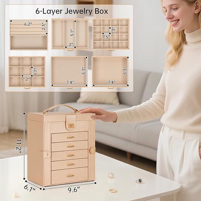 AKOZLIN 6-Tier Jewelry Box Organizer Functional 5 Drawers Leather Jewelry Storage Case for Women Girls Ring Necklace Earring 
