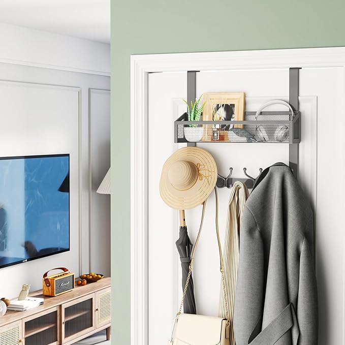 HapiRm Over The Door Hooks - Easy Installation Door Hanger with Basket and 16 Hooks, 304 Stainless Steel Storage Organizer fo