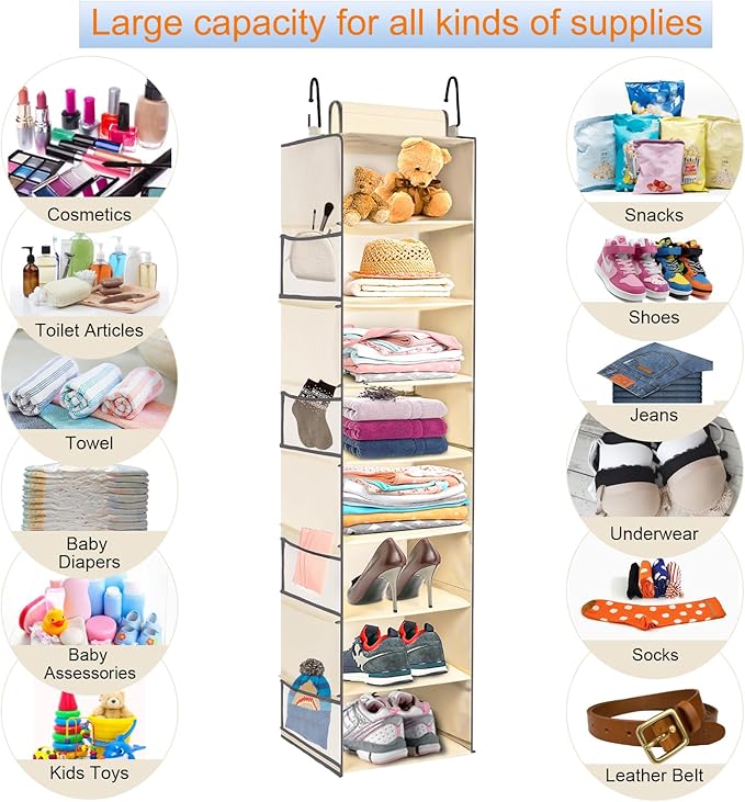 Large-Sized Hanging Shoe Organizer 8-Shelf, Hanging Closet Organizer with 8 Side Pockets, Wider Hanging Shelves for Storage S
