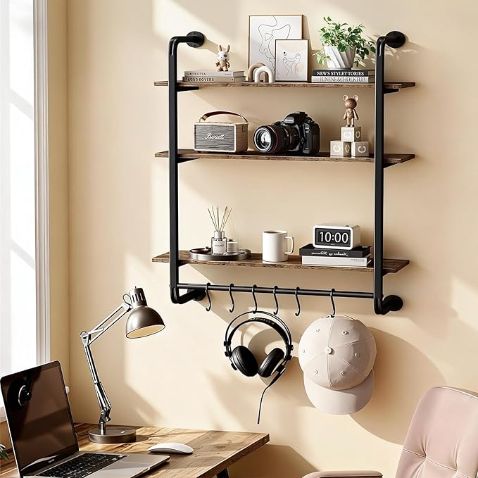 3 Tier Industrial Pipe Shelving, 24" Kitchen Shelves Wall Mounted with 6 Hooks, Coffee Bar Shelves Display Bookshelf Wall She