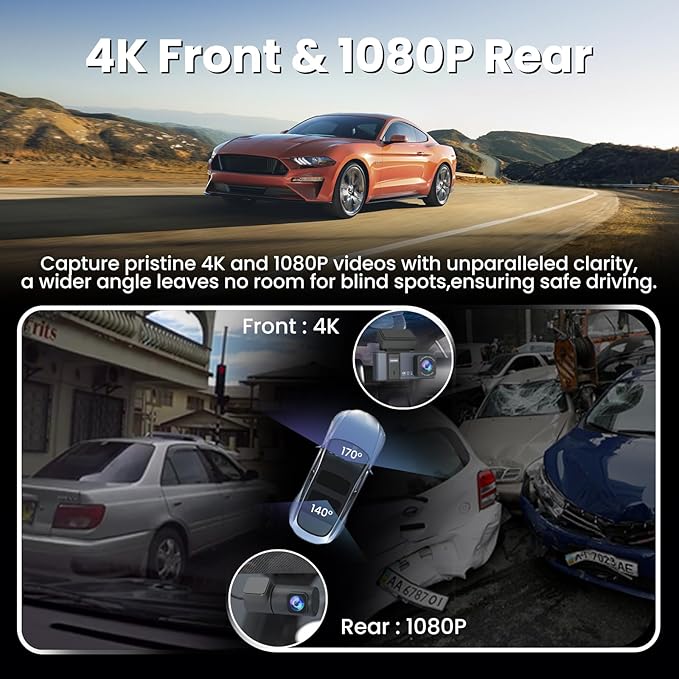 Dashcam Front and Rear Camera,TVFEA Dash cam 4K,Dual Dash Camera for Cars with Wi-Fi,3.18" LCD Screen,64GB Card,APP Control,N