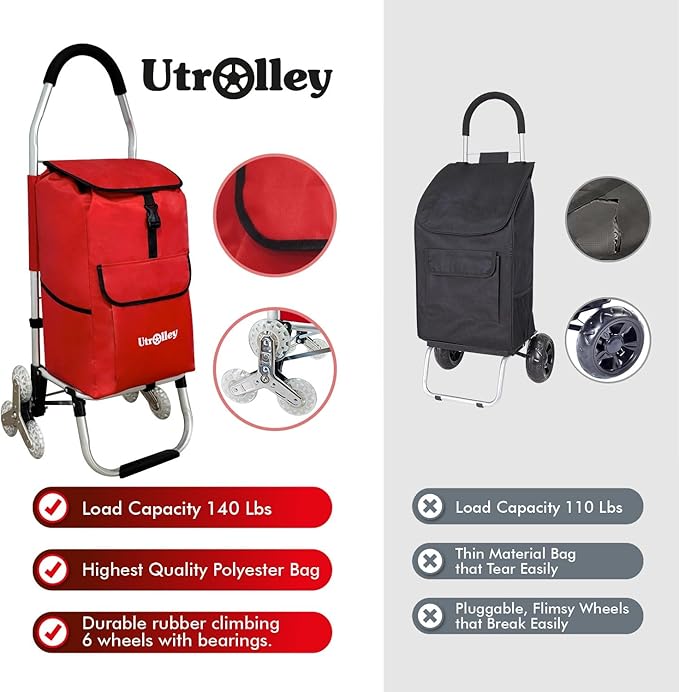 Ultra-Lightweight Foldable Stair-Climbing Red Shopping Cart - 42L Capacity, Six Rubber Wheels, Removable Insulated Bag Liner, Durable Aluminum Frame,Multi-Function Personal Hand Truck