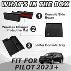 Muslogy for 2023+ Pilot Center Console Organizer&Wireless Charger Protective Mat&Shifter Storage Box Left & Right Set Compatible with Honda Pilot 2023-2026 Accessories Console Side Inserts Organizer