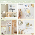 VIS'V Key Holder Wall Mount, Wooden Mail and Key Organizer with Drawer and Shelf, 2 Slots, 6 Hooks, White
