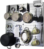 Wall Control Kitchen Pegboard Organizer Pots and Pans Storage Rack Organization Kit with Metallic Silver Pegboard and White A