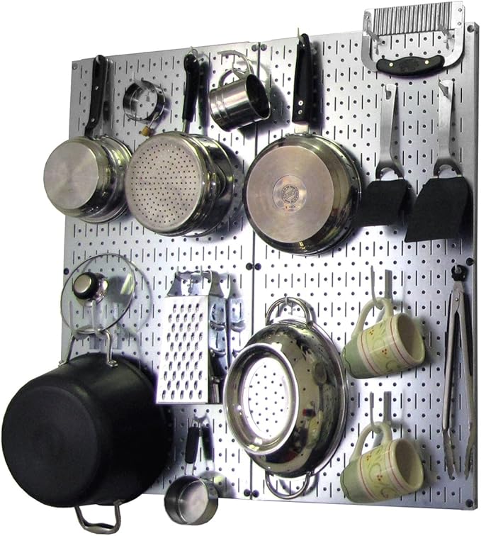Wall Control Kitchen Pegboard Organizer Pots and Pans Storage Rack Organization Kit with Metallic Silver Pegboard and White A