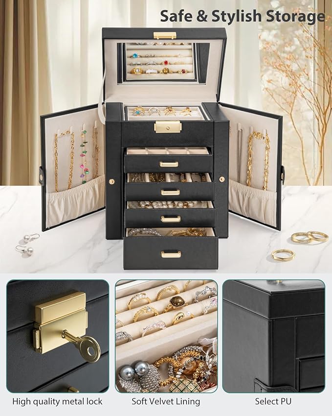 AKOZLIN 5-Tier Jewelry Box Leather Jewelry Storage Organizer with 4 Drawers Lockable for Women Girls Ring Necklace Earring Br