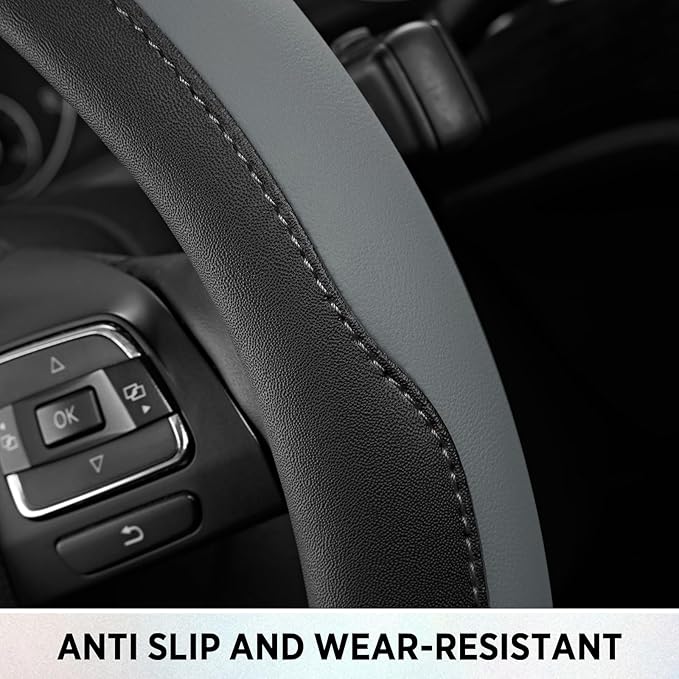 Road Comforts Steering Wheel Cover, Breathable Anti-Slip Leather Steering Wheel Cover, Universal Fit 14.5–15 Inch, Comfortabl