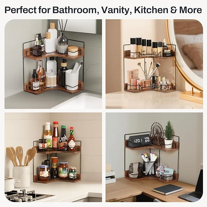 2-Tier Bathroom Counter Organizer, Wooden Corner Shelf for Vanity Countertop Skincare & Makeup, Storage and Organization for 