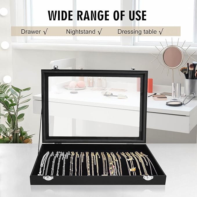 Siveit Premium Necklace Organizer Box - 20 Hooks Jewelry Tray with Transparent Lid - Display Box for Necklaces, Pendants - Su