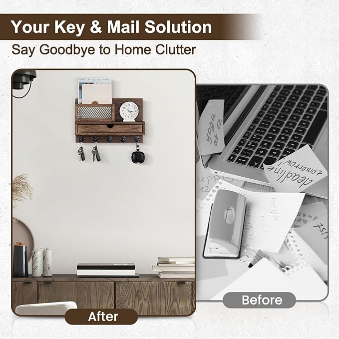 Key Holder Wall Mount, Key Holder for Wall with 5 Key Hooks and Storage Drawer Mail Organizer for Entryway Living Room Farmho