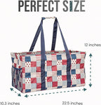 Extra Large Utility Tote Bag - Oversized Collapsible Reusable Wire Frame Rectangular Canvas Basket With Two Exterior Pockets For Beach, Pool, Laundry, Car Trunk, Storage - Patriotic Americana