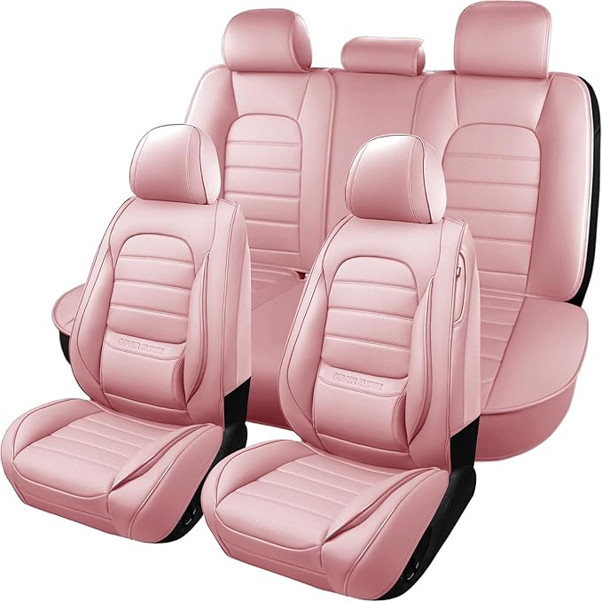 Pink Car Seat Covers Full Set, Universal Faux Leather Seat Covers for Cars 5 Seats, Waterproof Leather Car Seat Covers, Comfo